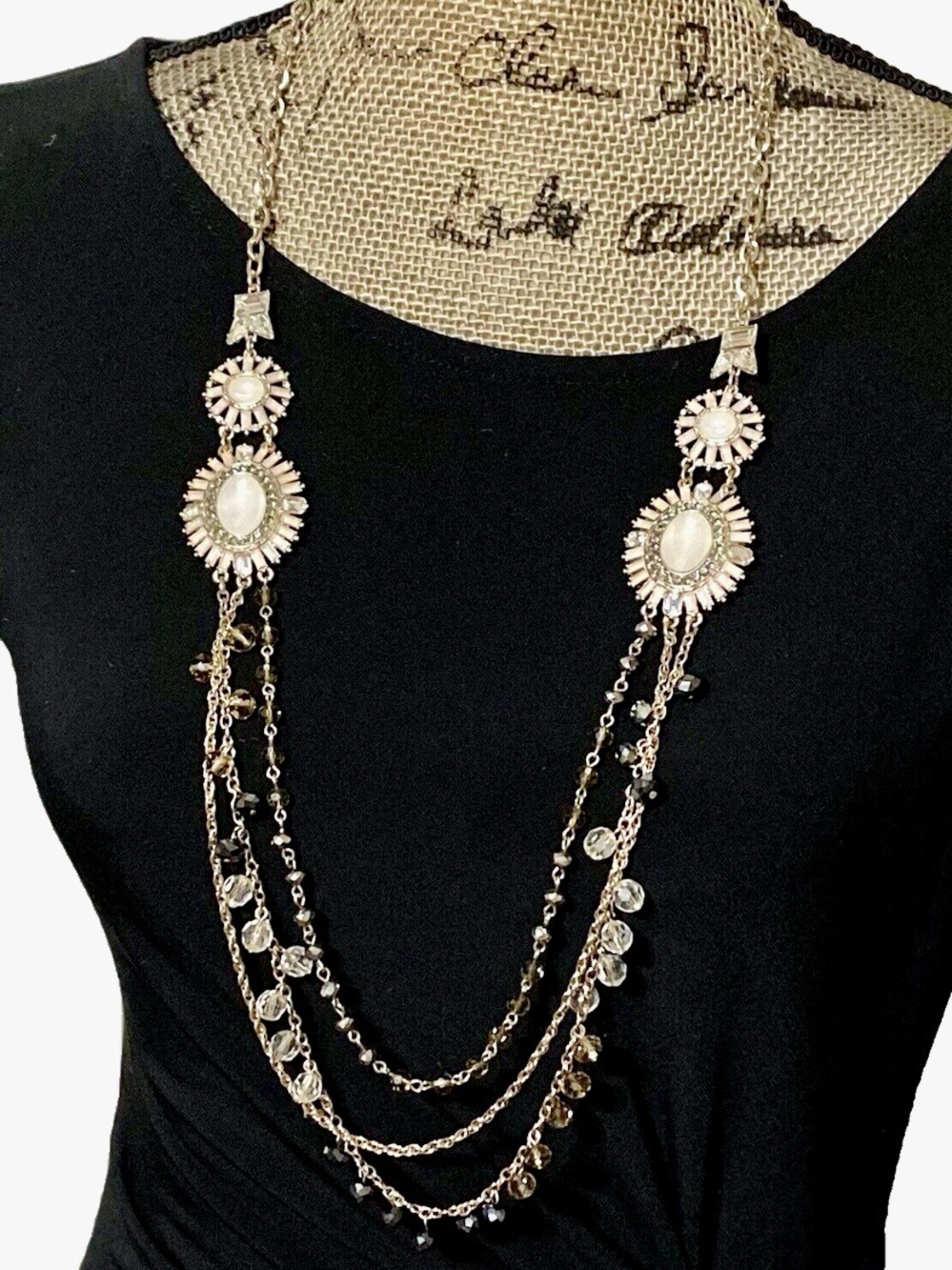 Ann Taylor Vintage Rhinestone 3 Strand Long Statement Necklace